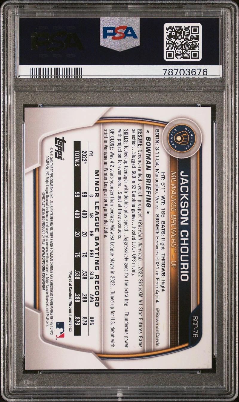 2023 Bowman Mega Box Chrome Bcp76 Jackson Chourio Pink PSA 10