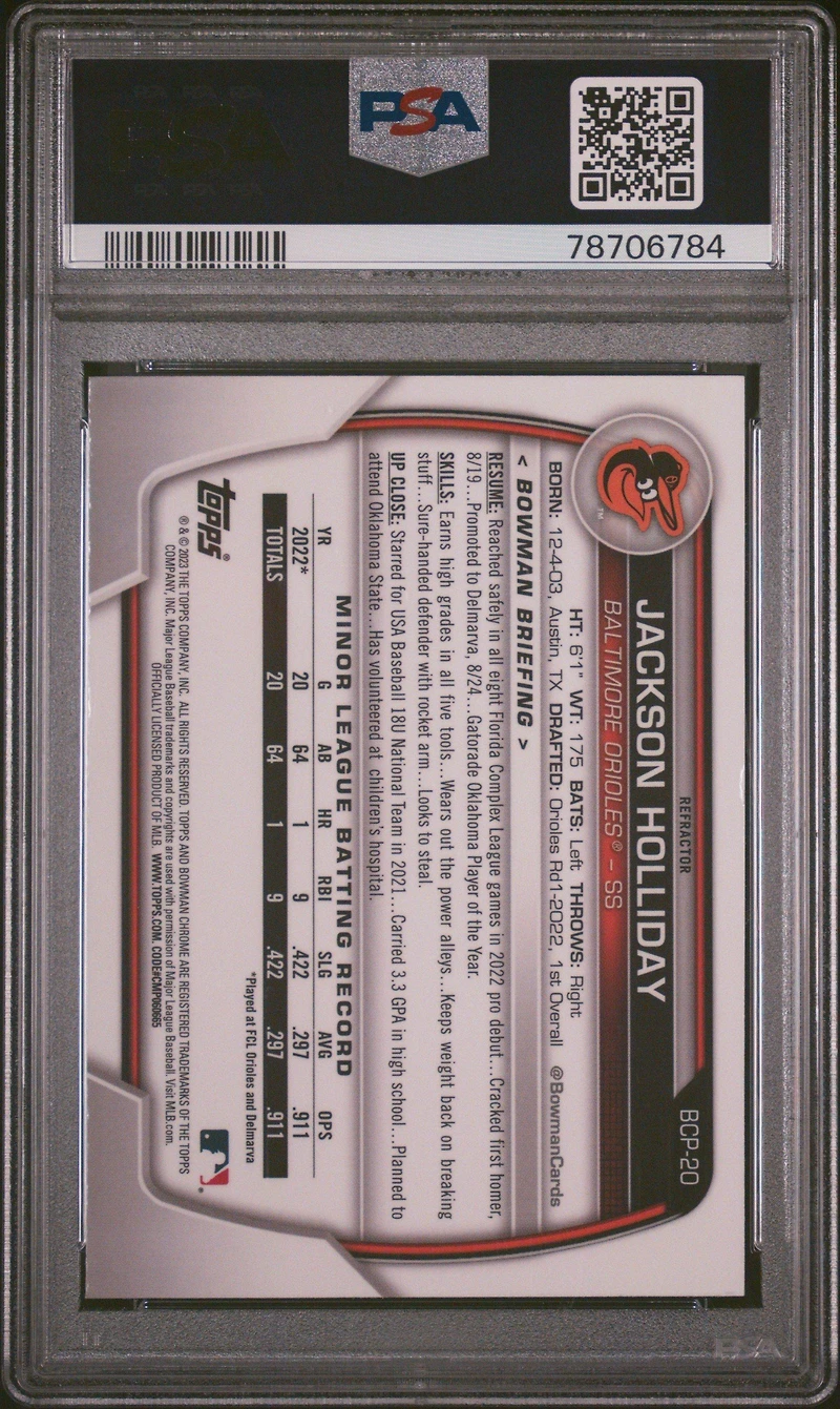 2023 Bowman Chrome Prospects Bcp20 Jackson Holliday Lunar Glow Refractor PSA 9
