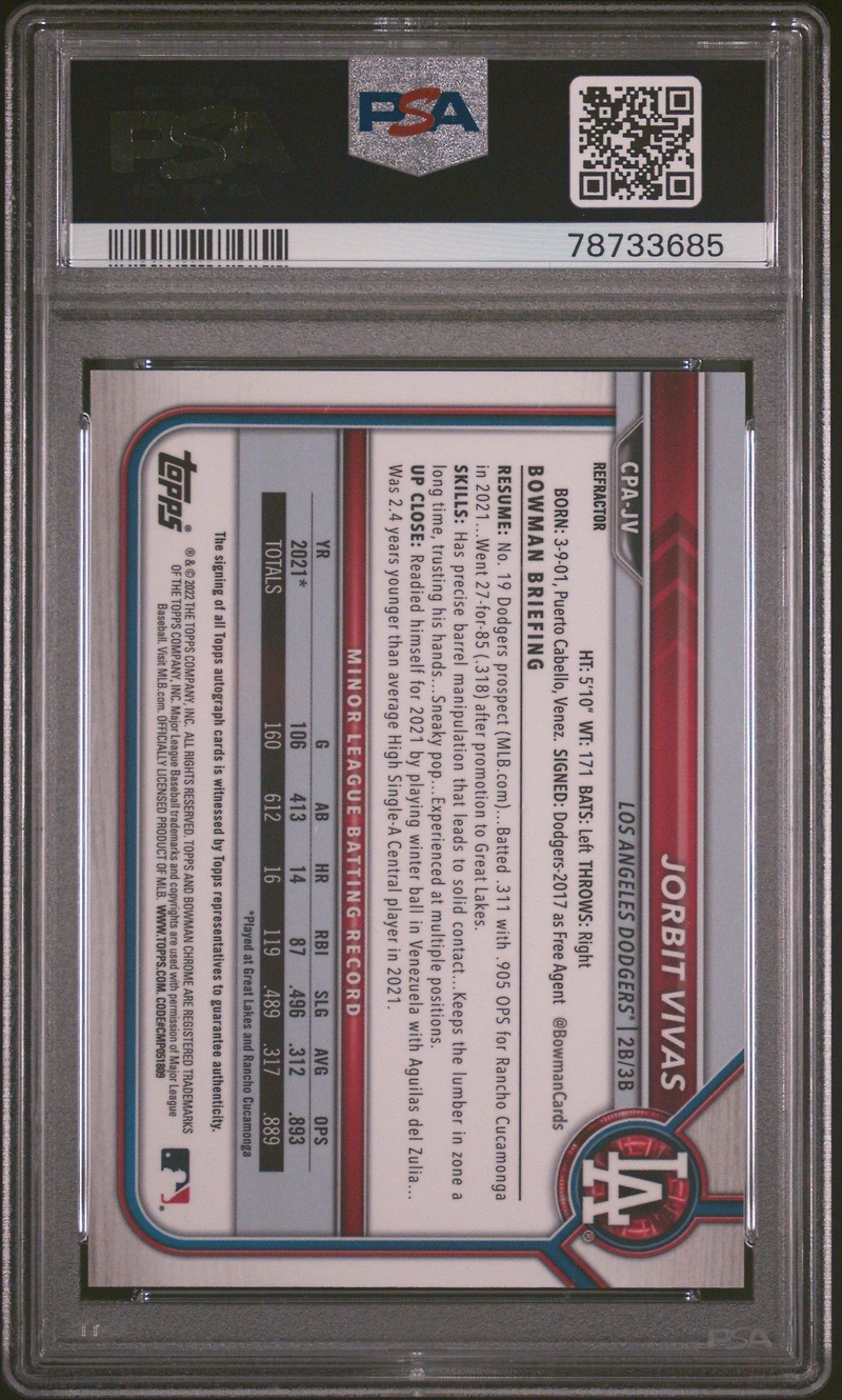 2022 Bowman Chrome Prospect Autographs Cpajv Jorbit Vivas Refractor PSA 10