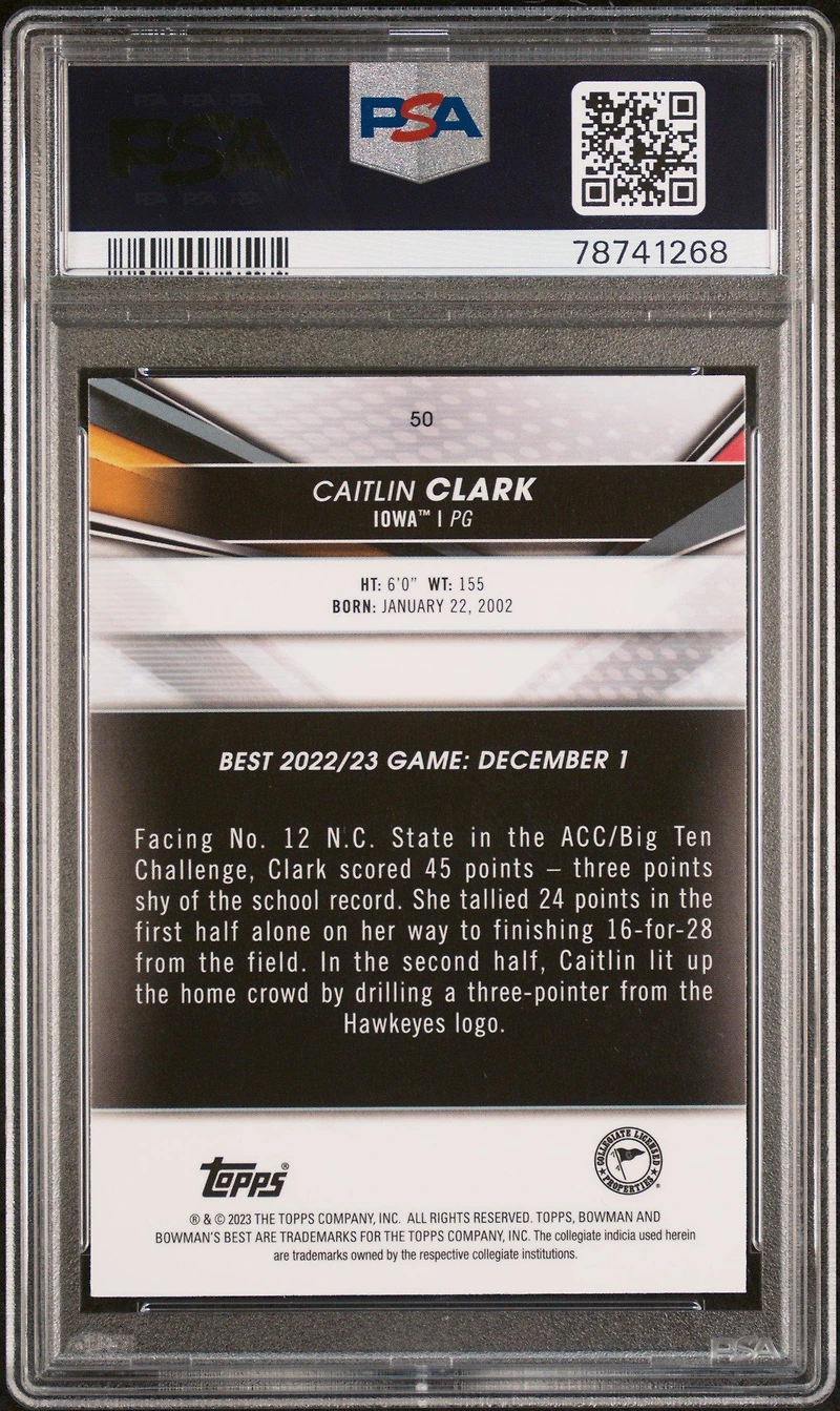 2022 Bowman University Best 50 Caitlin Clark Speckle Refractor PSA 10