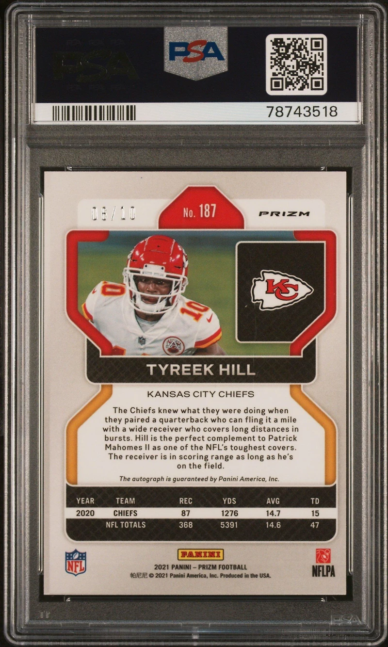 2021 Panini Prizm 187 Tyreek Hill Autograph-red Shimmer PSA 9
