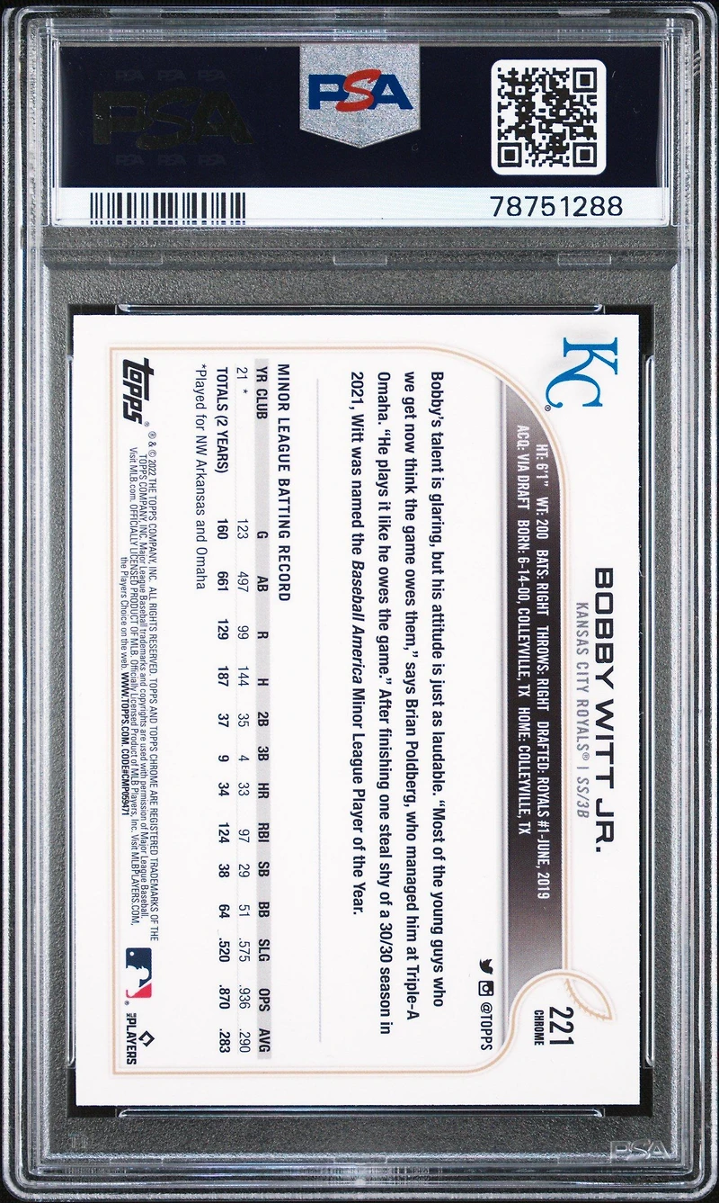 2022 Topps Chrome 221 Bobby Witt Jr. Sp PSA 9