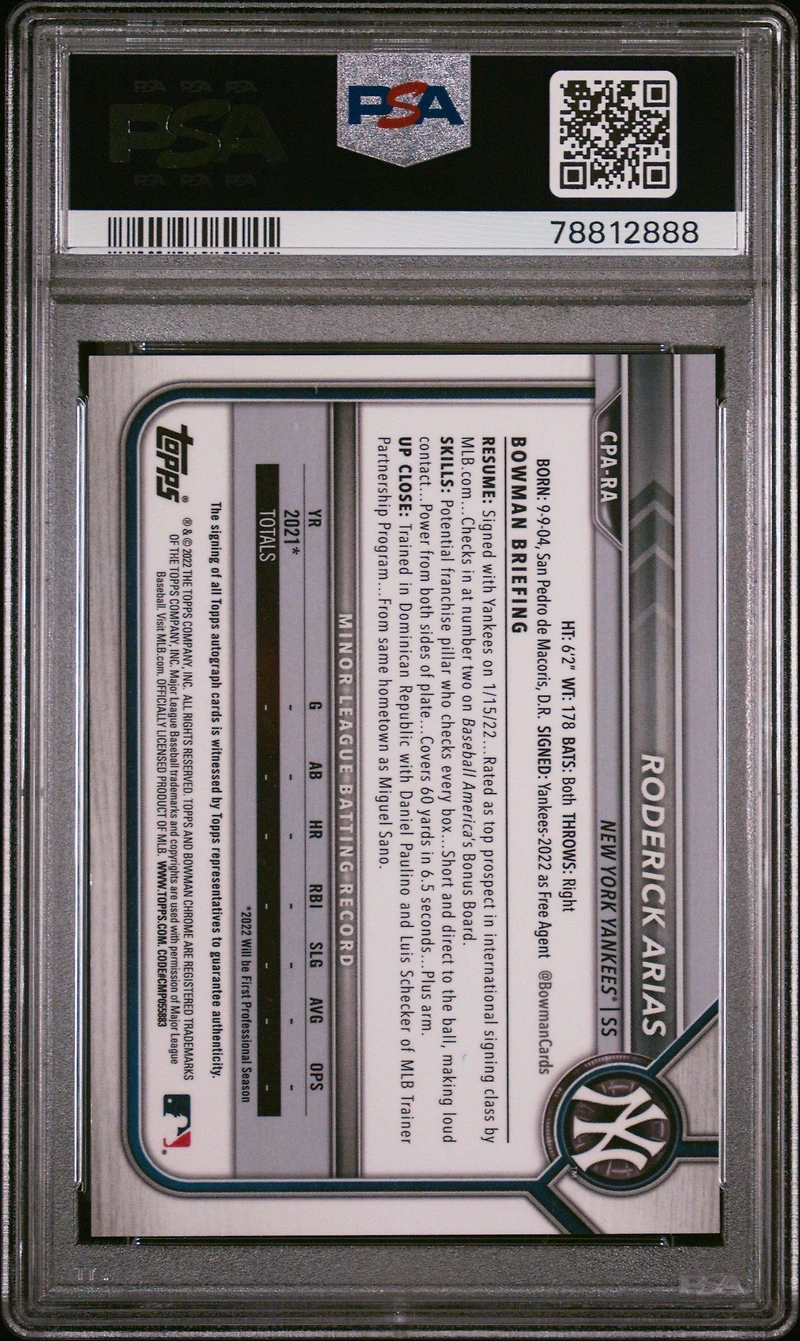2022 Bowman Chrome Prospect Autographs Cpara Roderick Arias PSA 10
