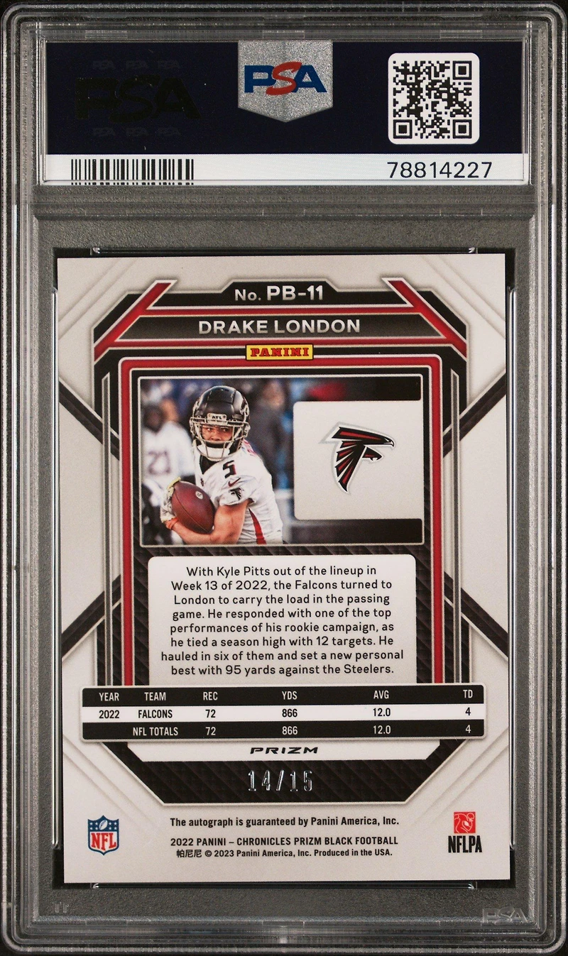 2022 Panini Chronicles Prizm Black Pb11 Drake London Signature-blue PSA 10