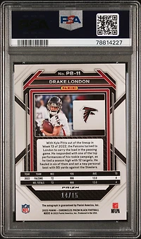 2022 Panini Chronicles Prizm Black Pb11 Drake London Signature-blue PSA 10