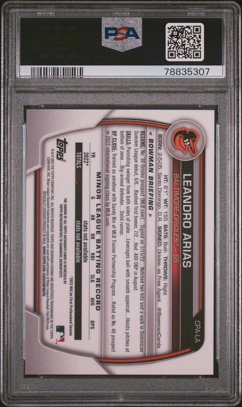 2023 Bowman Chrome Prospect Autographs Cpala Leandro Arias Blue Lunar Crater Refractor PSA 10