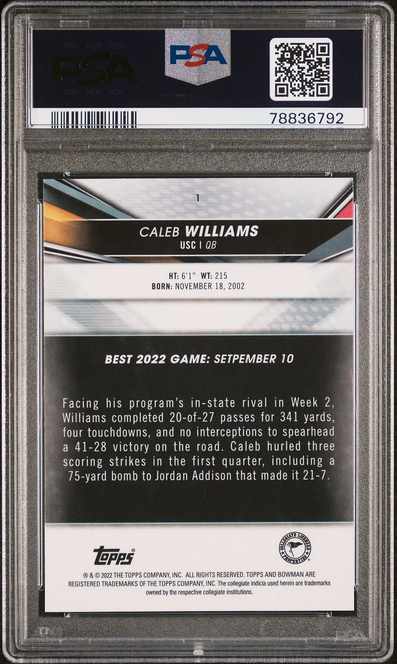 2022 Bowman's Best University 1 Caleb Williams PSA 10