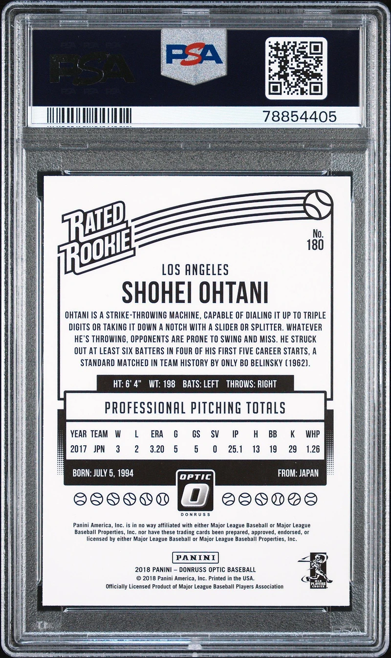 2018 Panini Chronicles Donruss Optic Rated Rookies 180 Shohei Ohtani PSA 9