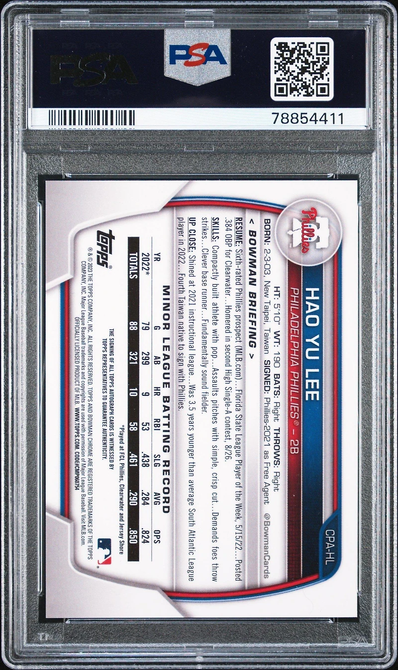 2023 Bowman Chrome Prospect Autographs Cpahl Hao Yu Lee PSA 9