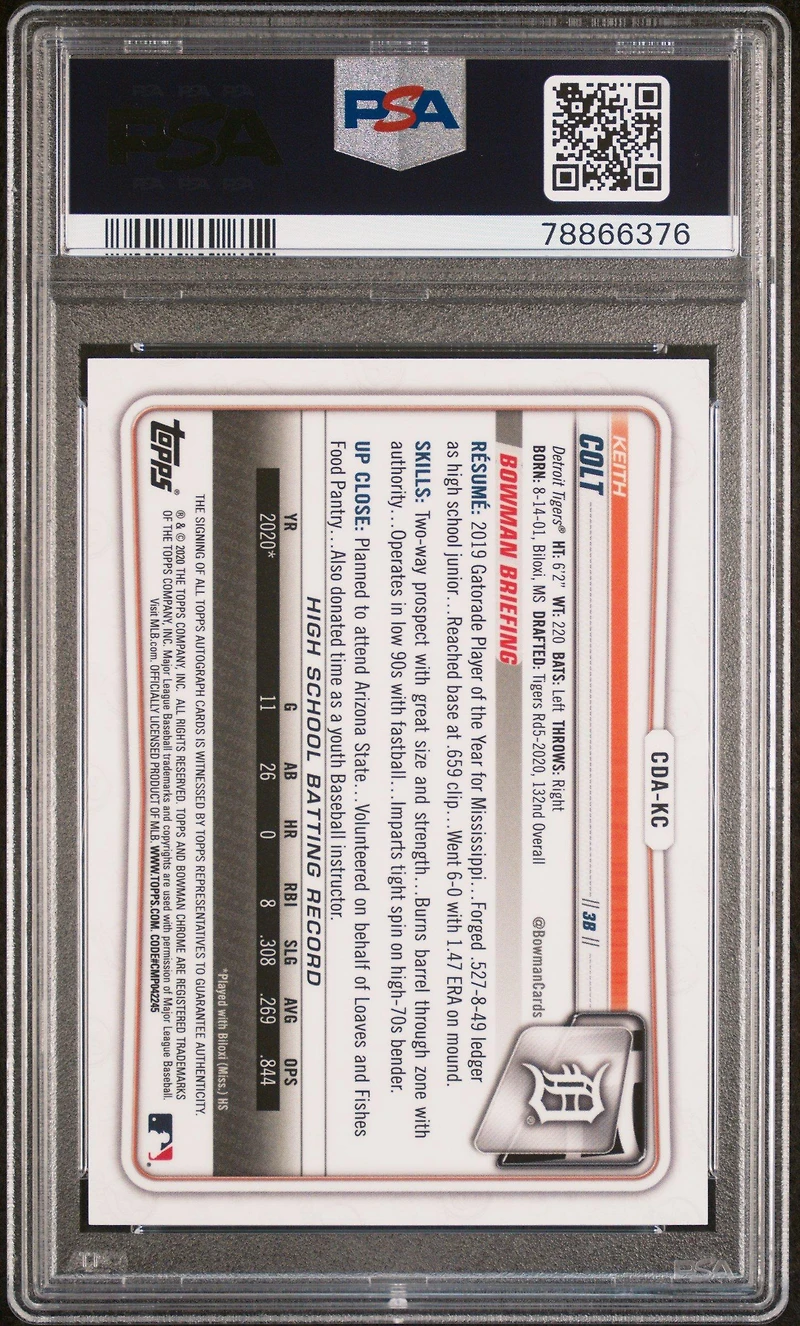 2020 Bowman Draft Chrome Draft Picks Autographs Cdakc Colt Keith Green Refractor PSA 10