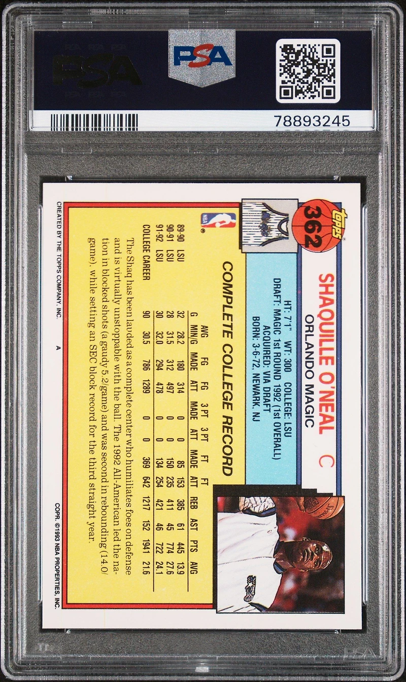 1992 Topps 362 Shaquille O'neal PSA 9