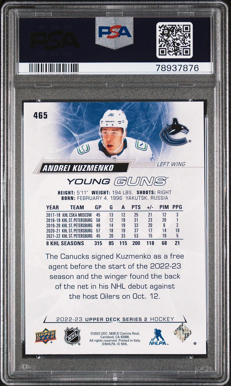 2022 Upper Deck 465 Andrei Kuzmenko PSA 10