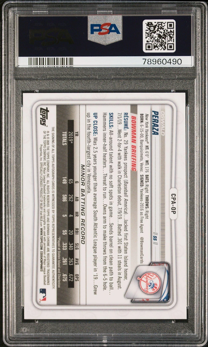 2020 Bowman Chrome Prospect Autographs Cpaop Oswald Peraza PSA 10