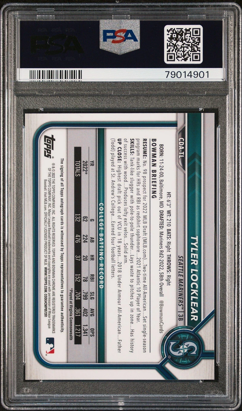 2022 Bowman Draft Chrome Draft Pick Autographs Cdatl Tyler Locklear Blue Refractor PSA 10