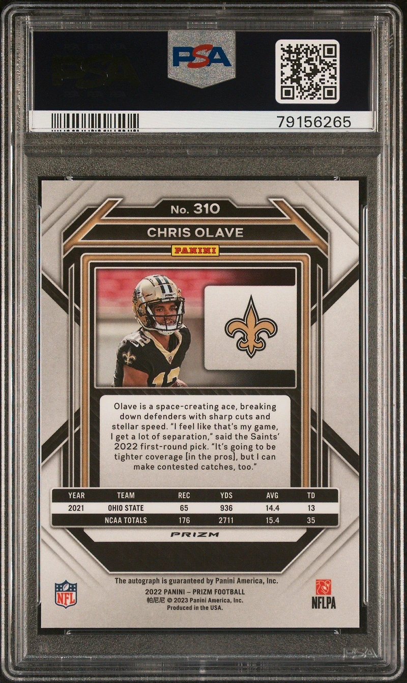 2022 Panini Prizm 310 Chris Olave Autograph PSA 9