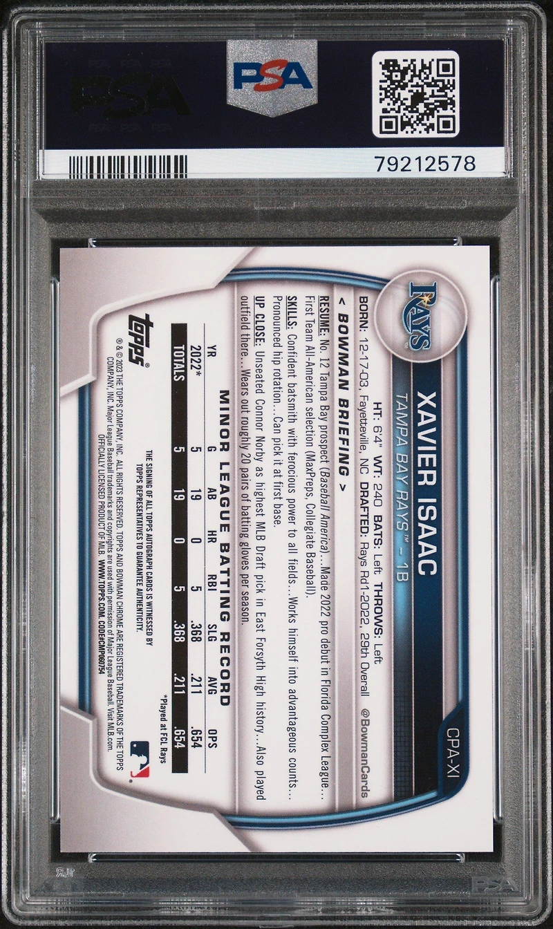 2023 Bowman Chrome Prospect Autographs Cpaxi Xavier Isaac Atomic Refractor PSA 10