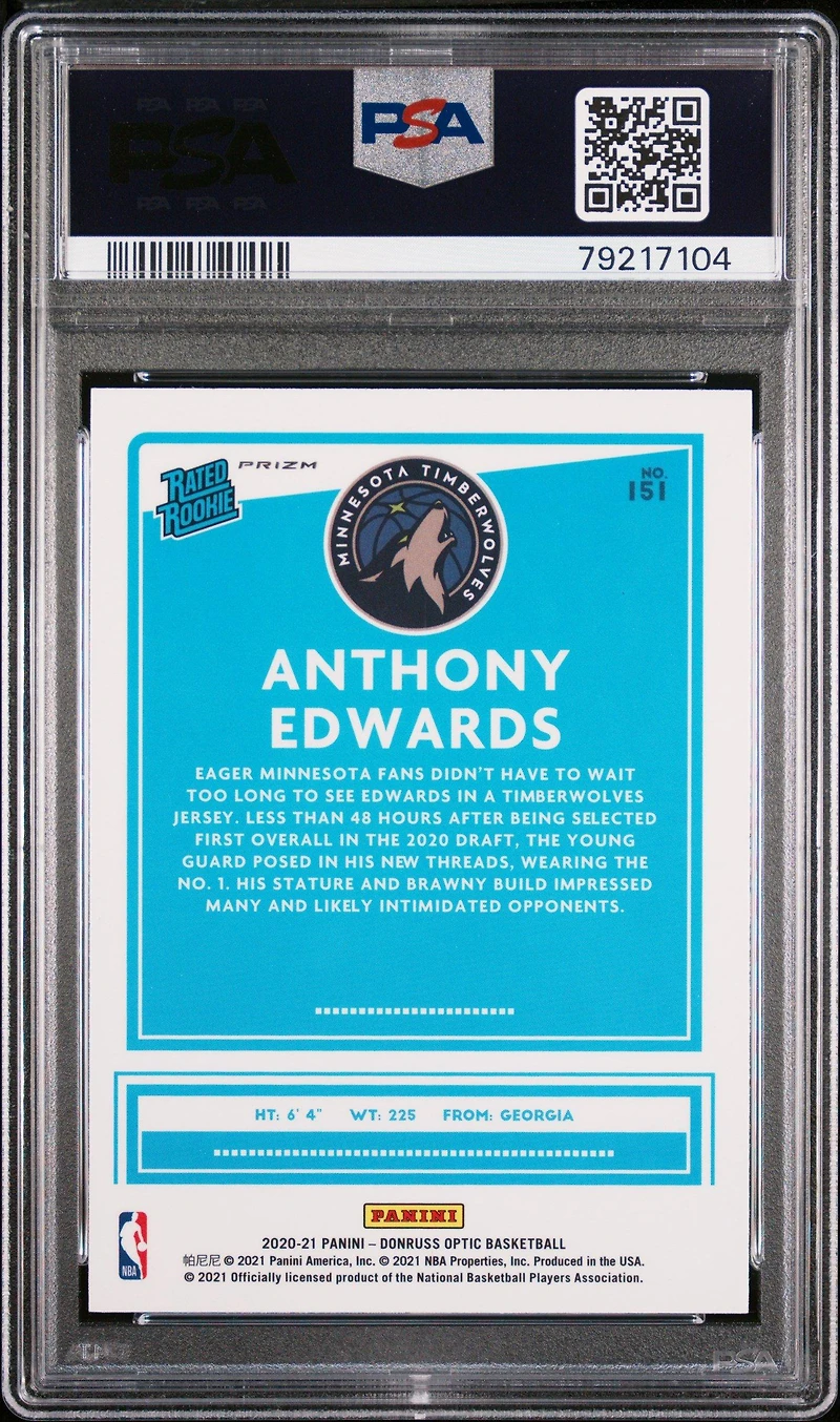 2020 Panini Donruss Optic 151 Anthony Edwards Blue Velocity PSA 10