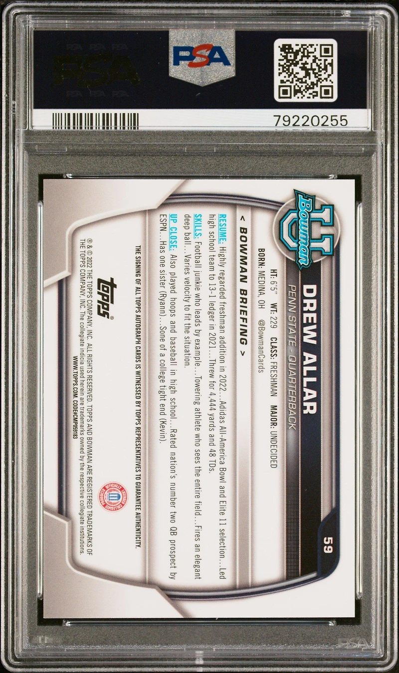 2022 Bowman University Chrome Prospects 59 Drew Allar Autograph PSA 10