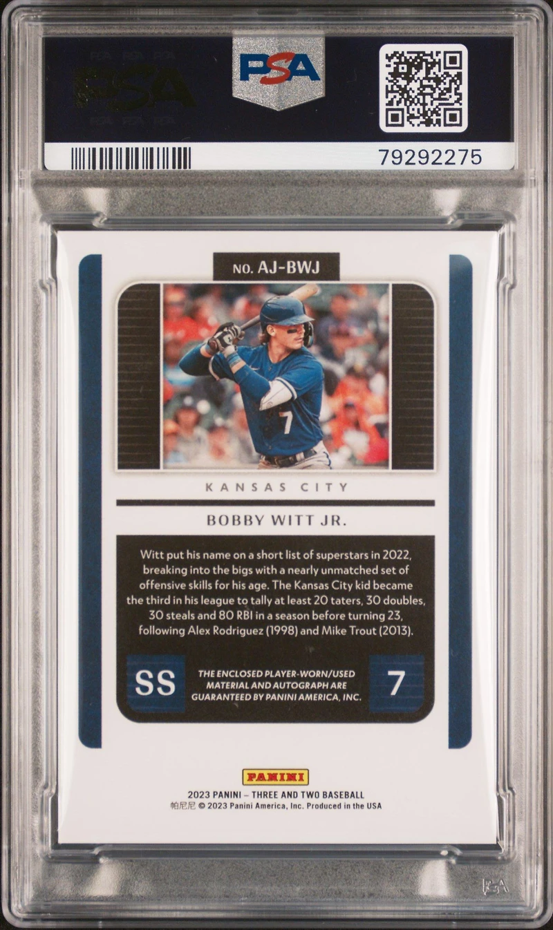 2023 Panini Three And Two Autographed Jerseys Ajbwj Bobby Witt Jr. PSA 9