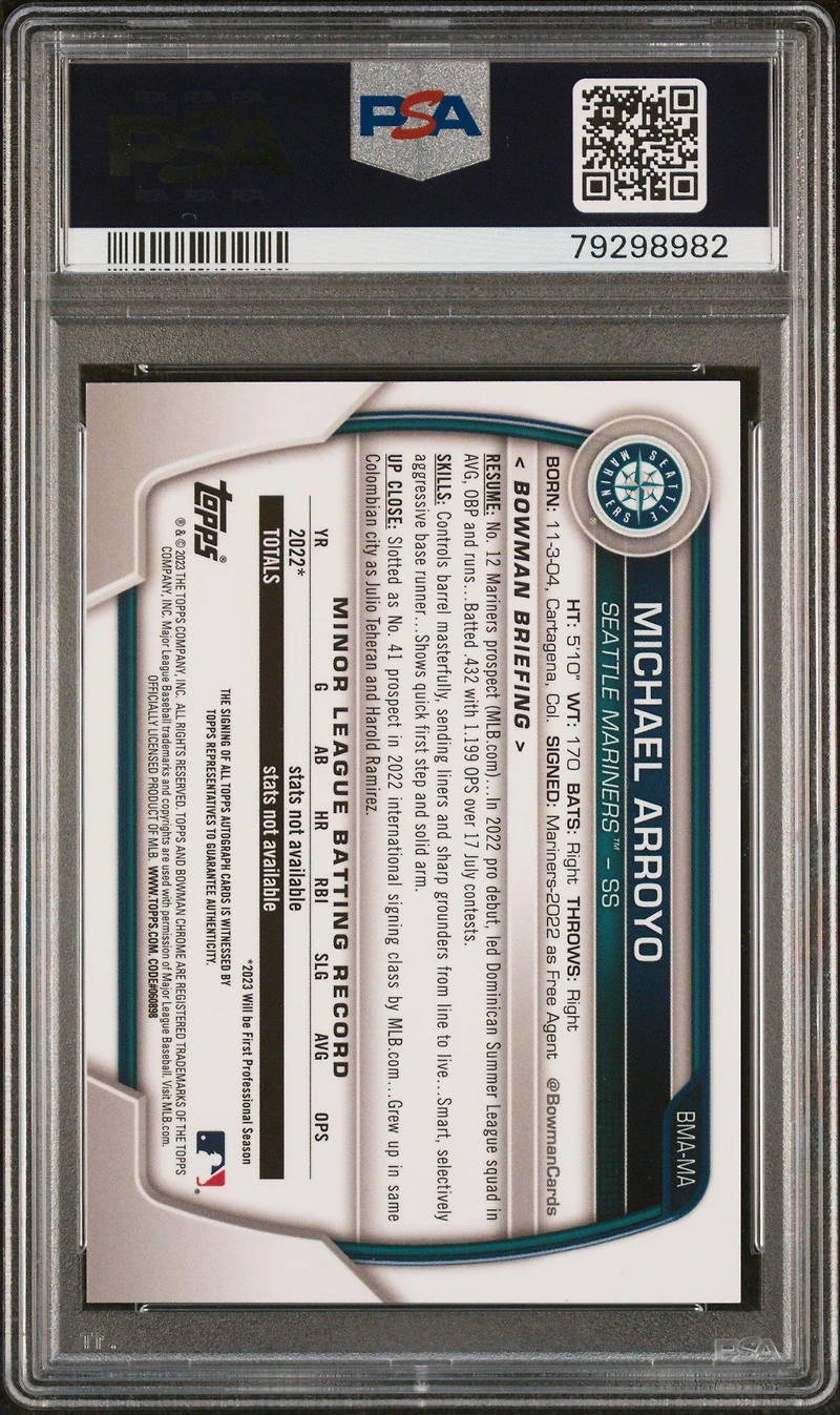 2023 Bowman Mega Box Chrome Prospect Autographs Ma Michael Arroyo PSA 10