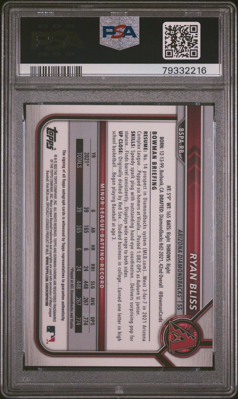 2022 Bowman Sapphire Edition Chrome Prospect Autographs Rb Ryan Bliss PSA 9