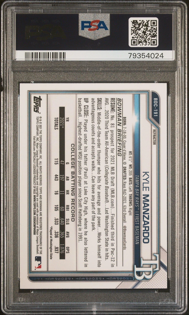 2021 Bowman Draft Bdc191 Kyle Manzardo Chrome-refractor PSA 9