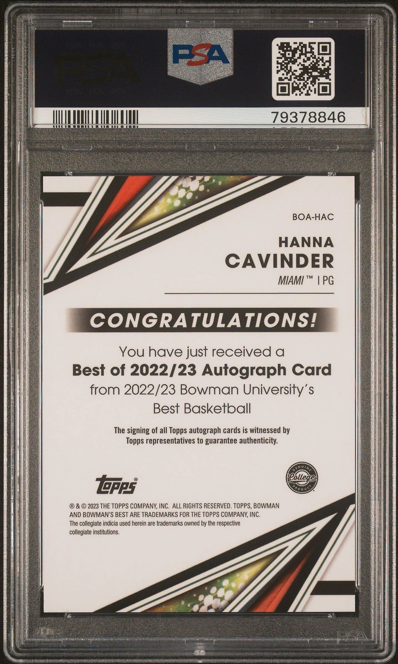 2022 Bowman University Best Best Of 2022 Autograph Boahac Hanna Cavinder PSA 10