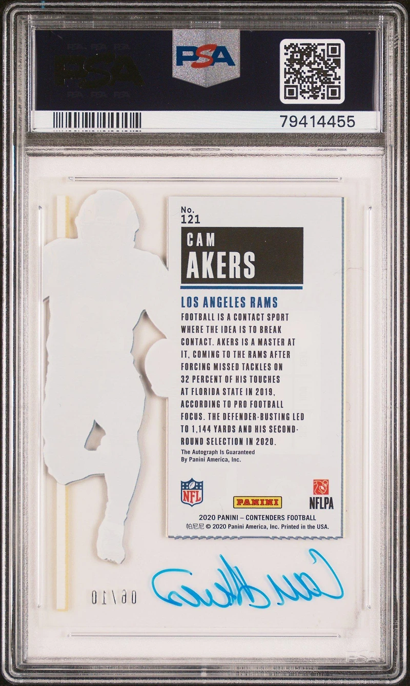 2020 Panini Contenders 121 Cam Akers Autograph-clear PSA 9