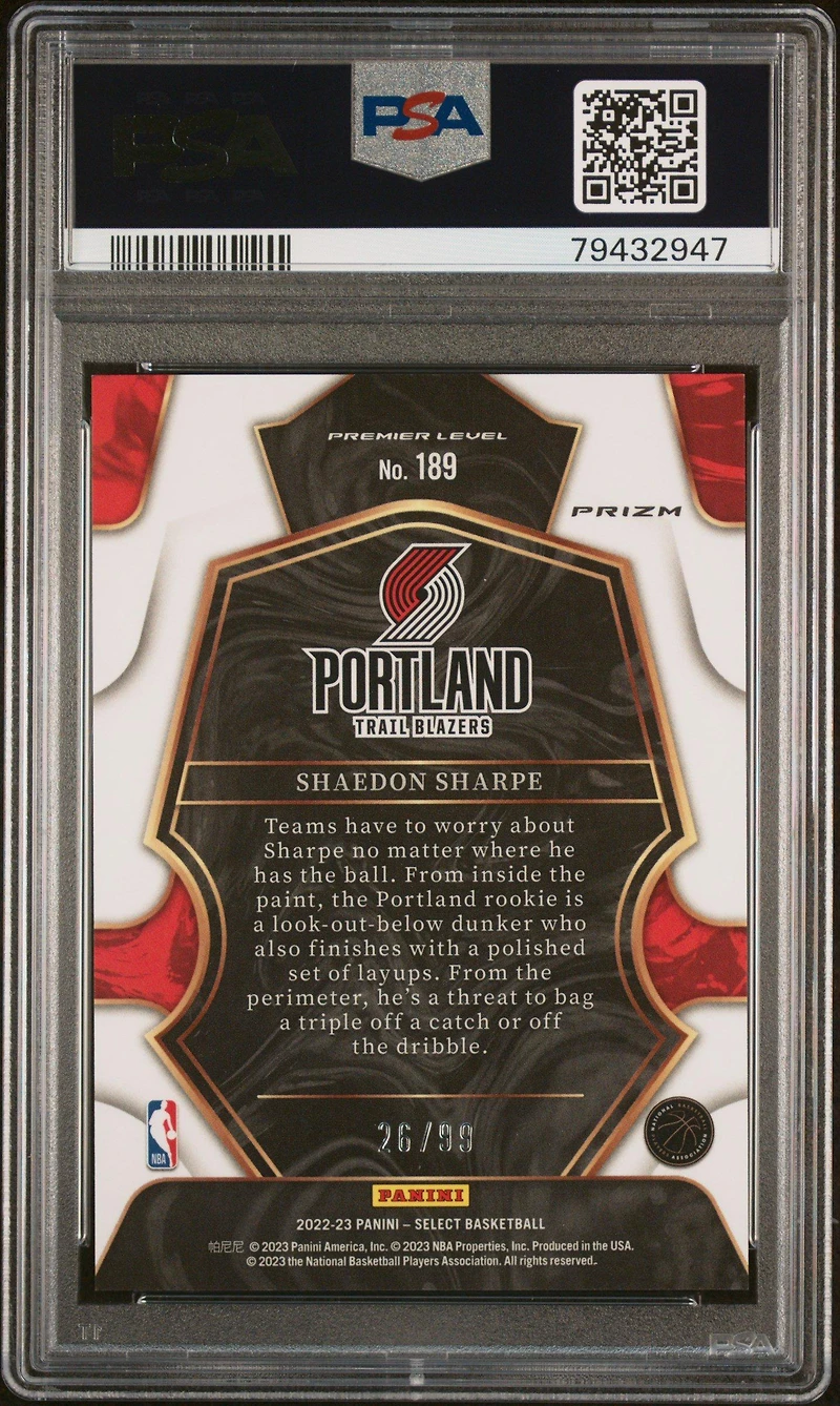 2022 Panini Select 189 Shaedon Sharpe Light Blue Disco PSA 10