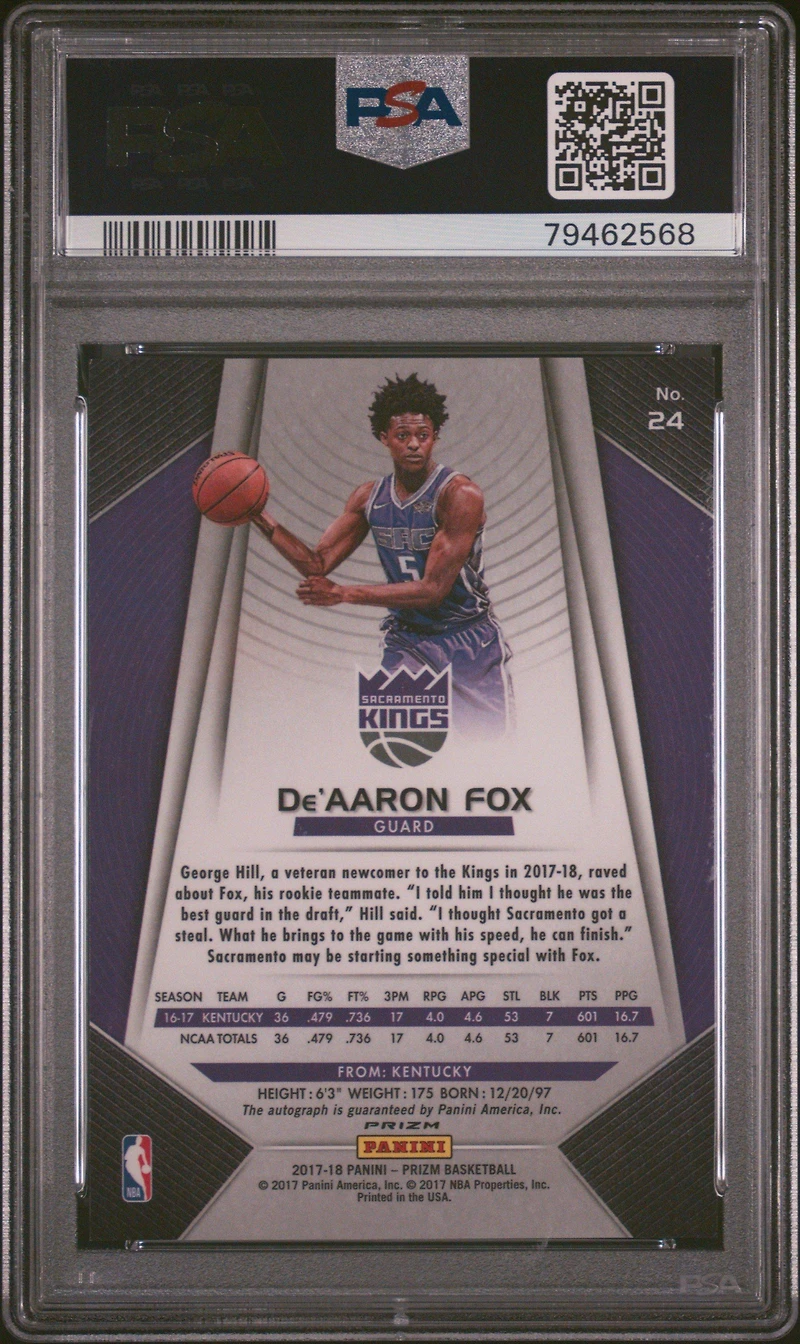 2017 Panini Prizm 24 De'aaron Fox Autograph PSA 10