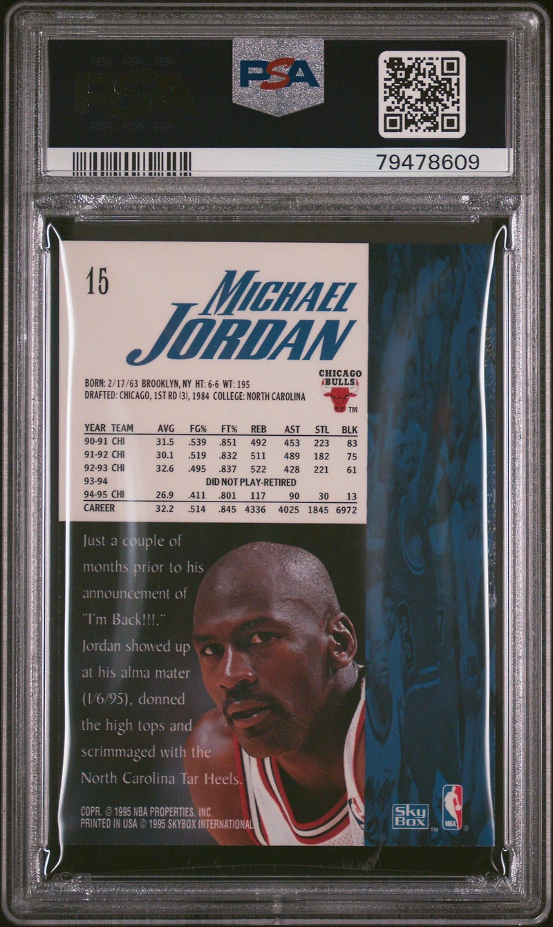 1995 Skybox Premium 15 Michael Jordan Career Block Total Wrong PSA 9