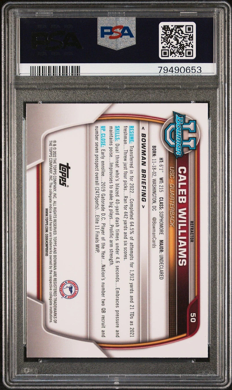 2022 Bowman University Chrome Prospects 50 Caleb Williams Refractor PSA 10