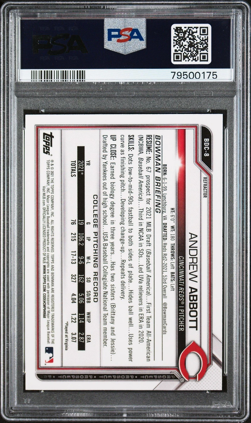 2021 Bowman Draft Bdc8 Andrew Abbott Chrome-refractor PSA 10