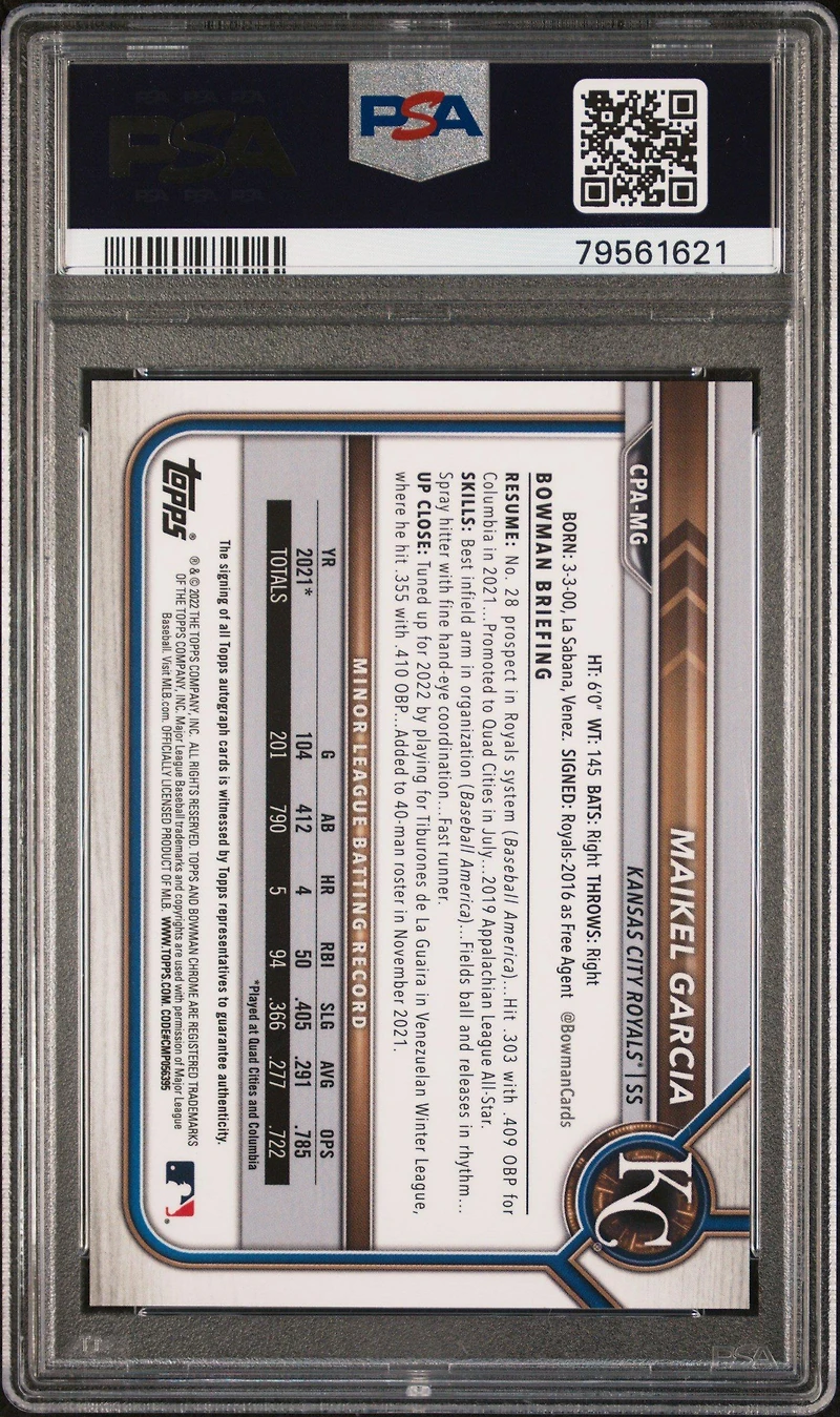2022 Bowman Chrome Prospect Autographs Cpamg Maikel Garcia PSA 10