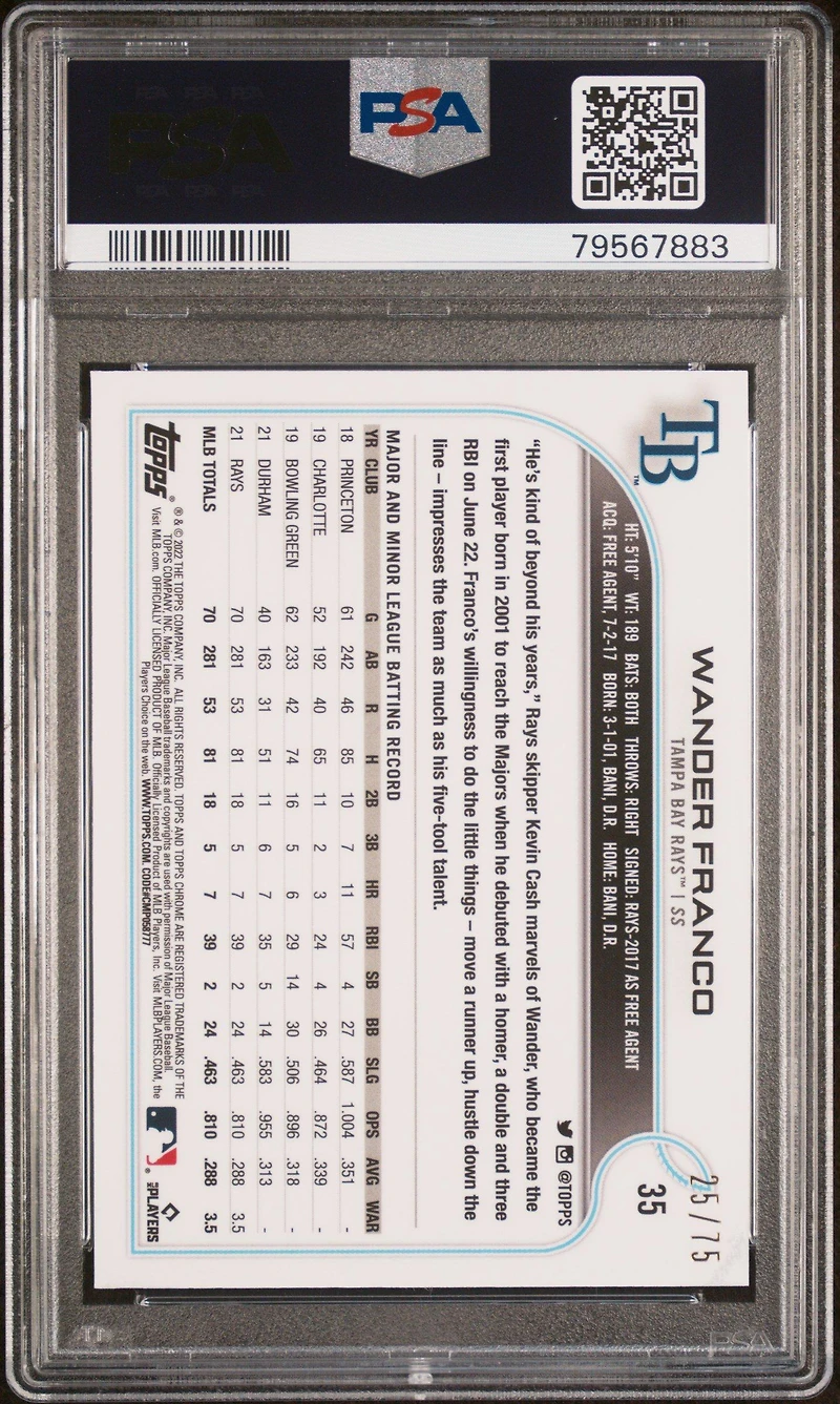 2022 Topps Chrome Ben Baller 35 Wander Franco Blue Refractor PSA 10