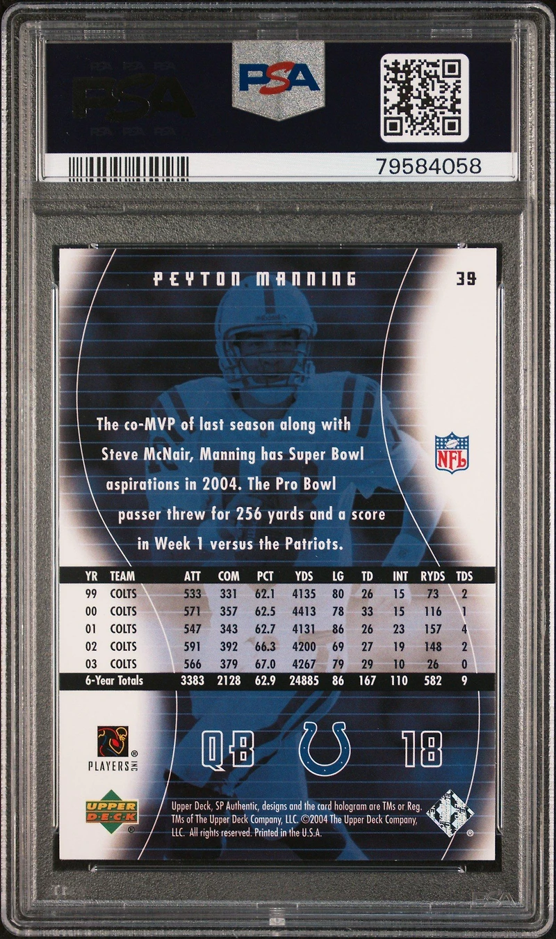 2004 Sp Authentic 39 Peyton Manning PSA 10