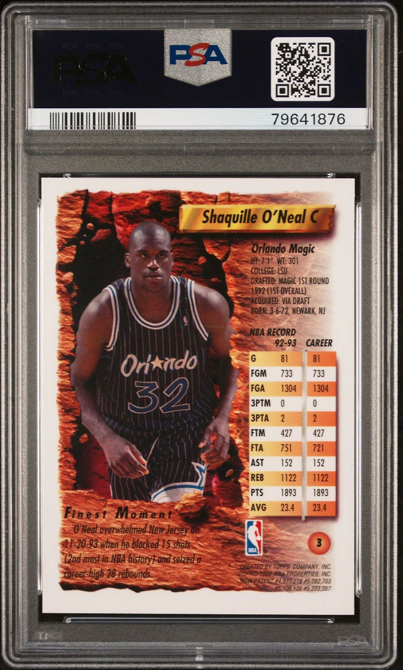 1993 Finest 3 Shaquille O'neal PSA 9