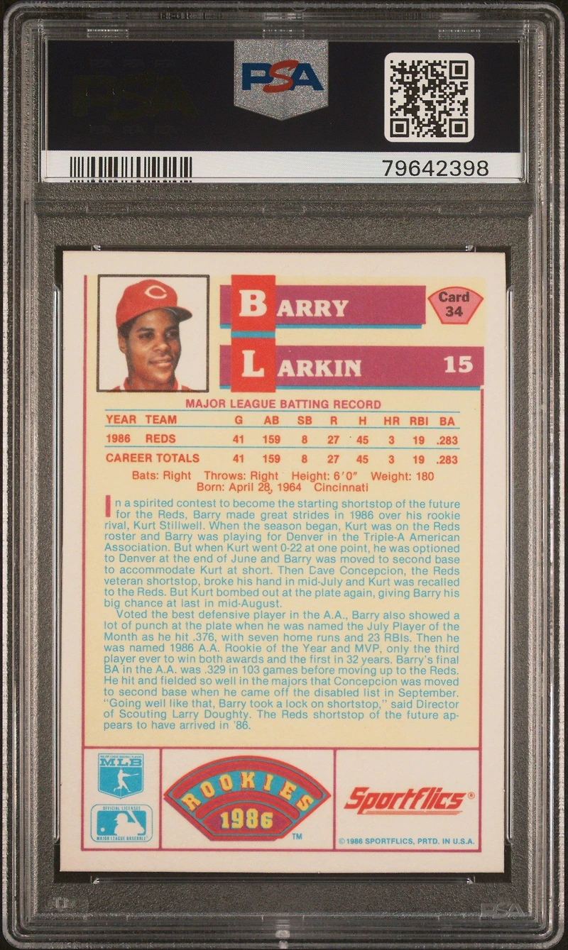 1986 Sportflics Rookies 34 Barry Larkin PSA 10