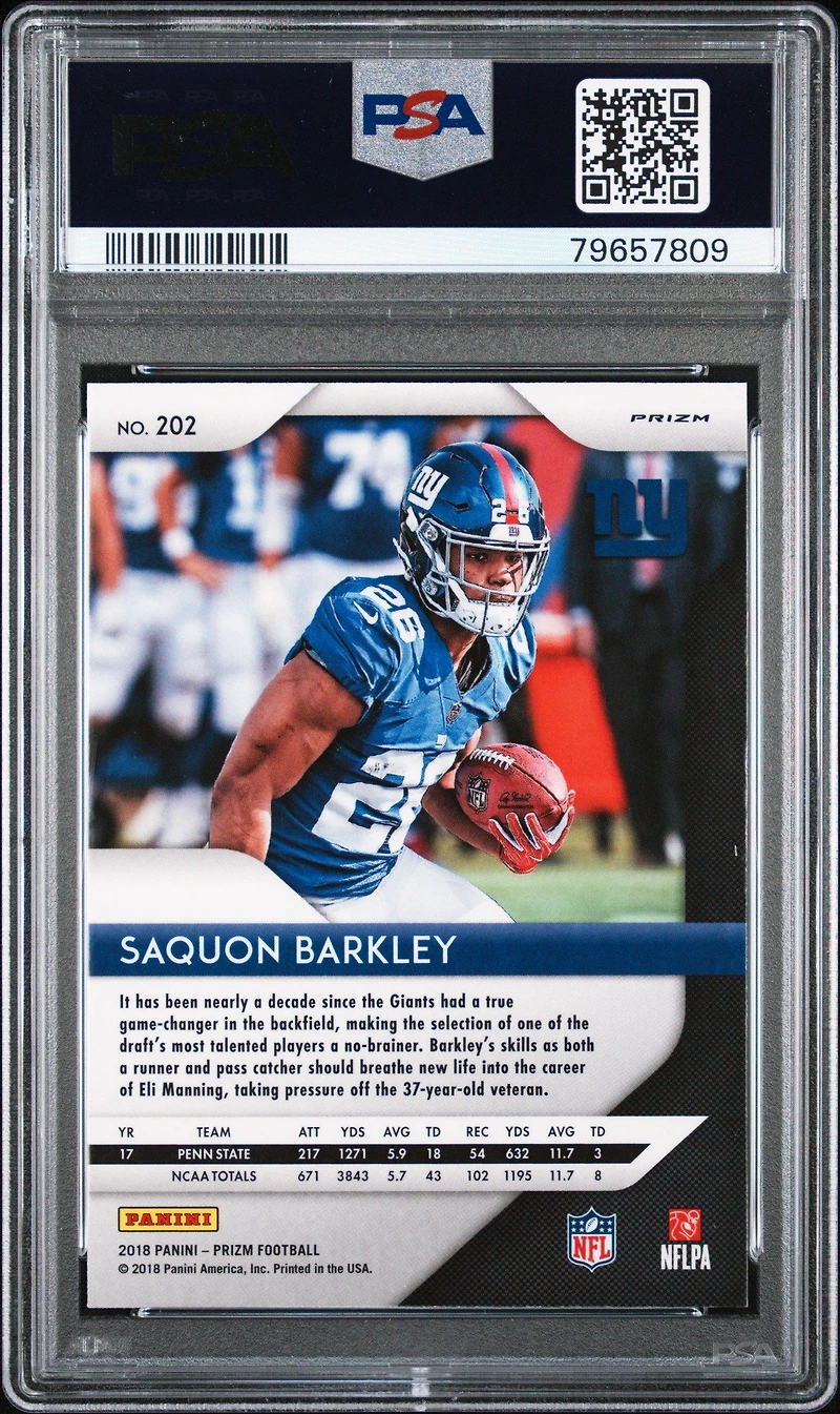 2018 Panini Prizm 202 Saquon Barkley Red/white/blue Prizm PSA 9