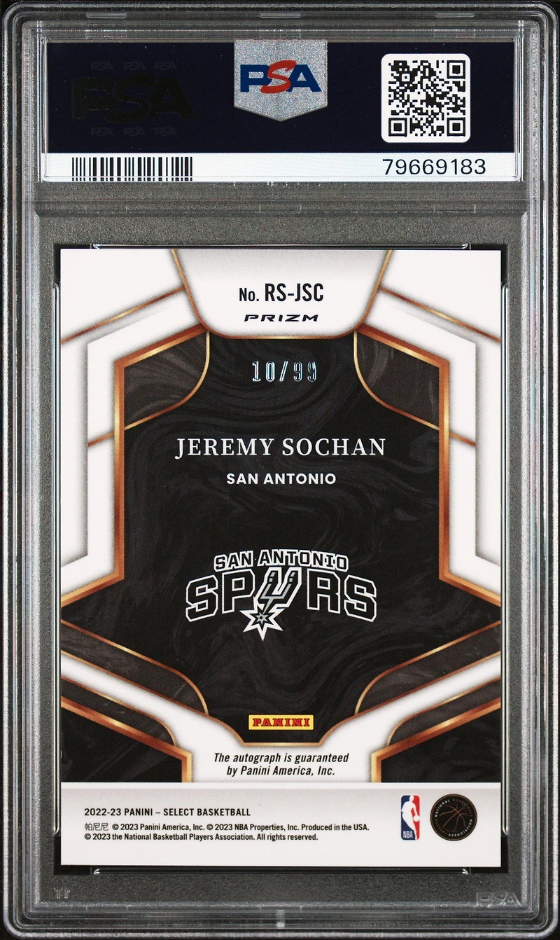 2022 Panini Select Rookie Signatures Rsjsc Jeremy Sochan PSA 10
