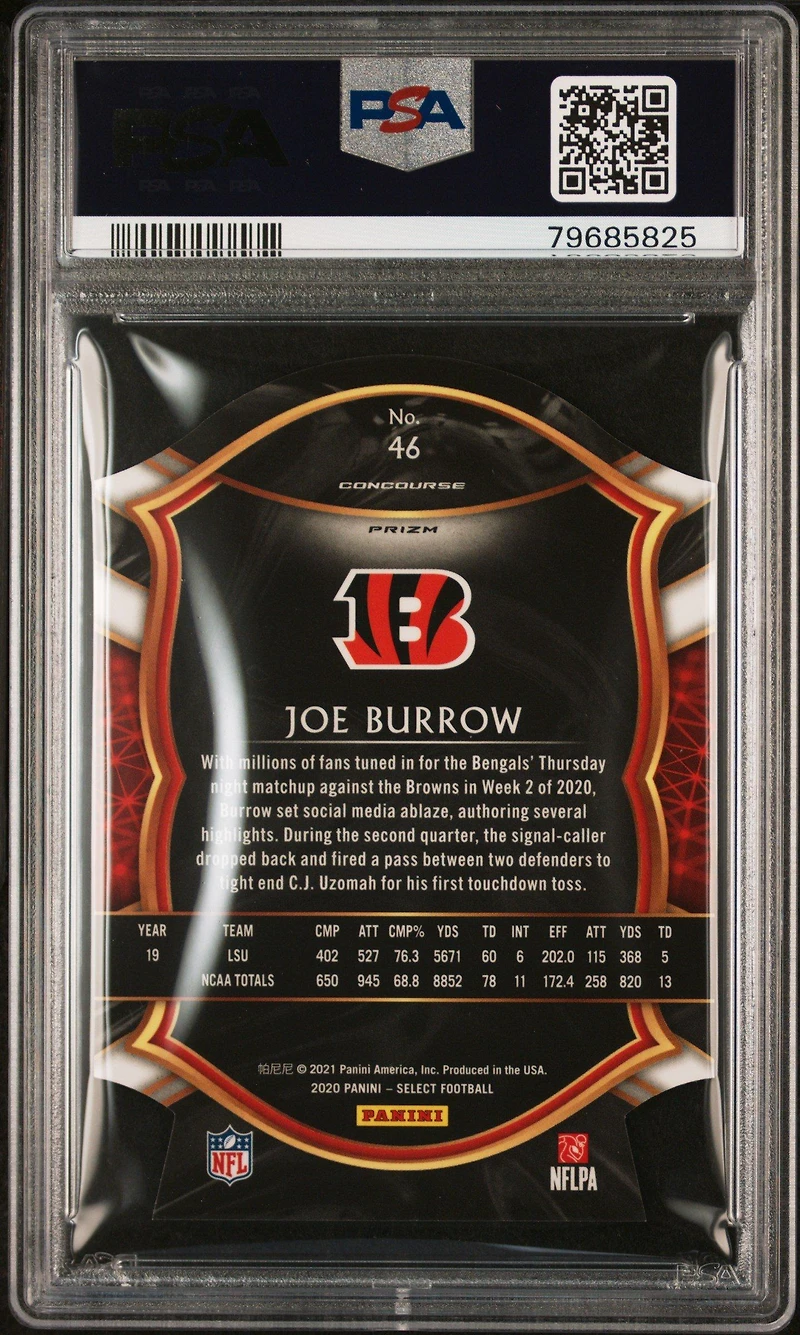 2020 Panini Select 46 Joe Burrow Die-cut Maroon Prizm PSA 10