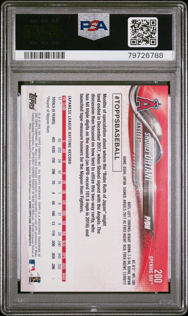 2018 Topps Opening Day 200 Shohei Ohtani PSA 9