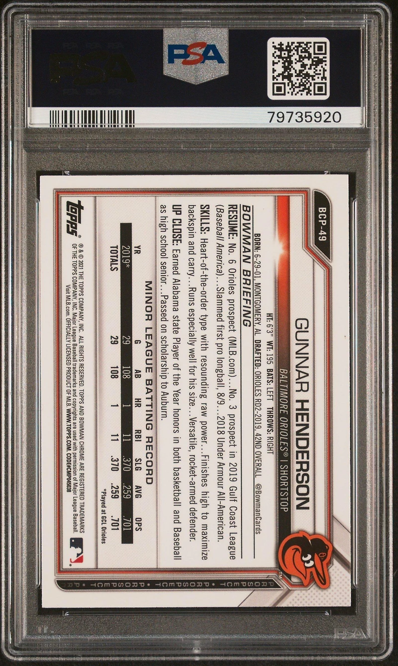 2021 Bowman Sapphire Edition Chrome Prospects Bcp49 Gunnar Henderson PSA 10