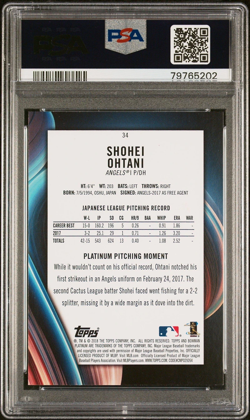 2018 Bowman Platinum 34 Shohei Ohtani With Glove PSA 9