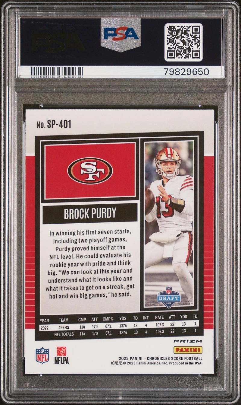 2022 Panini Chronicles Score Premium Rookies Update Sp401 Brock Purdy Silver PSA