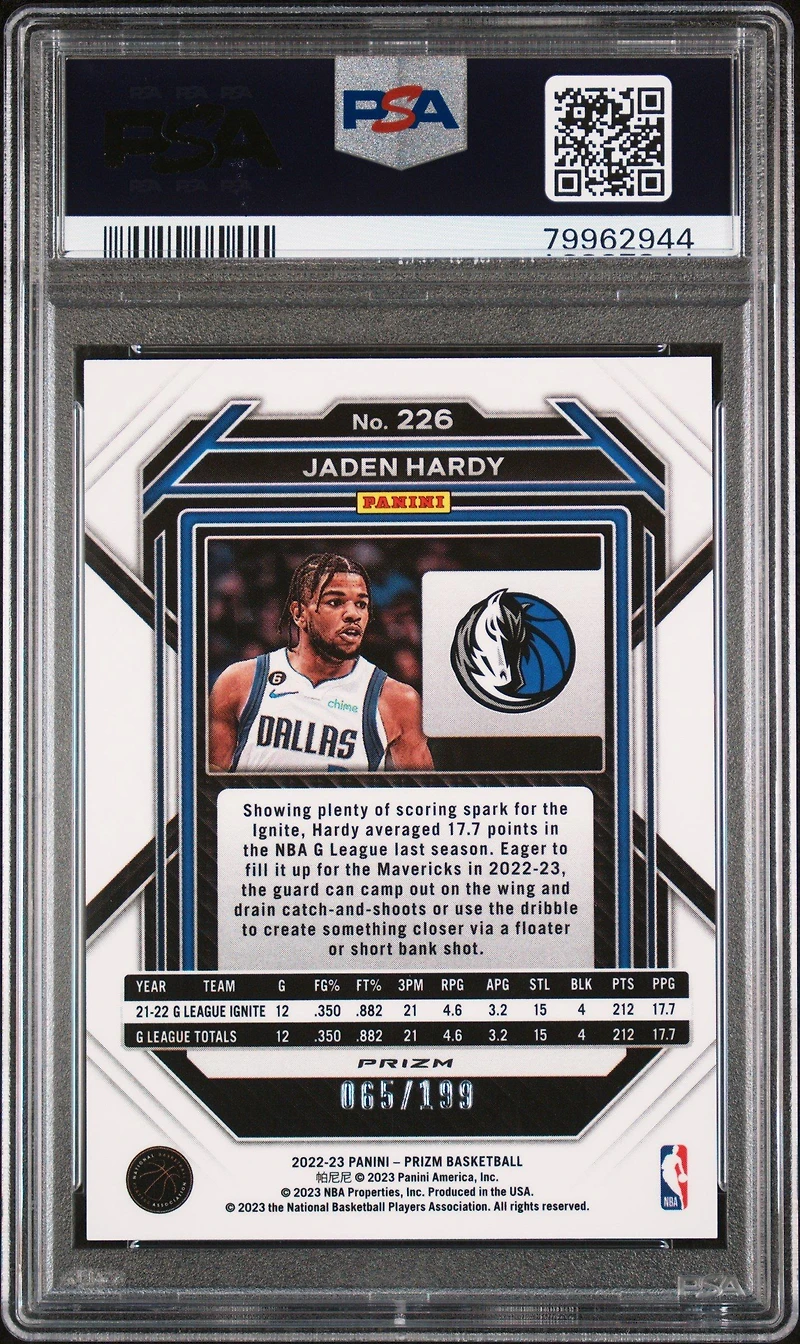 2022 Panini Prizm 226 Jaden Hardy Blue Prizm PSA 10