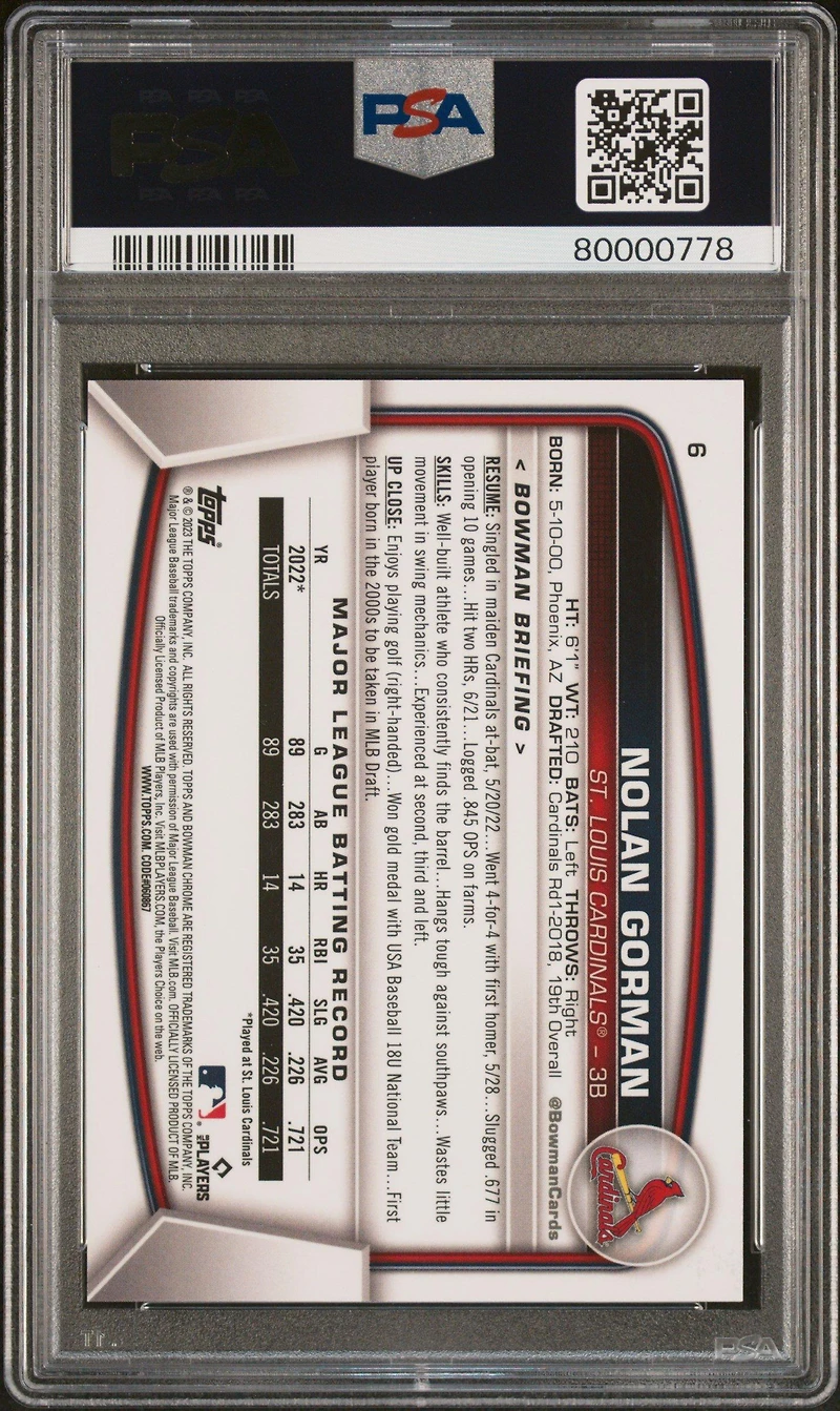 2023 Bowman Mega Box Chrome 6 Nolan Gorman Gold Refractor PSA 10