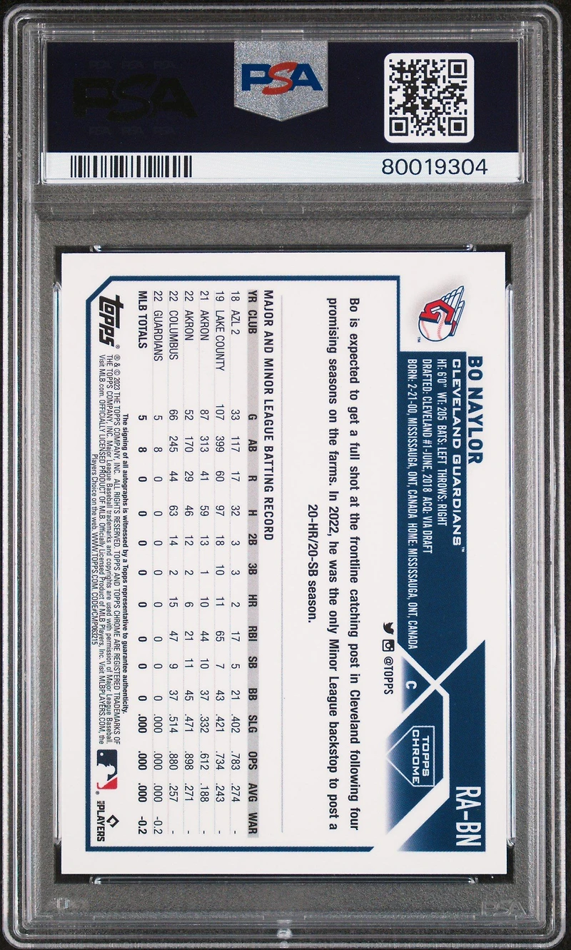 2023 Topps Chrome Rookie Autograph Rabn Bo Naylor PSA 9