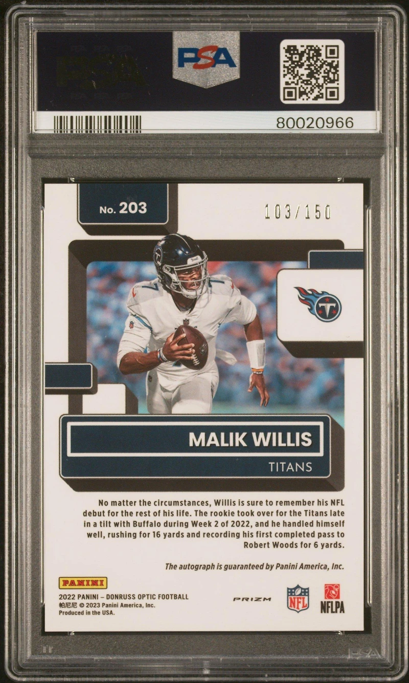 2022 Panini Donruss Optic 203 Malik Willis Autograph PSA 10