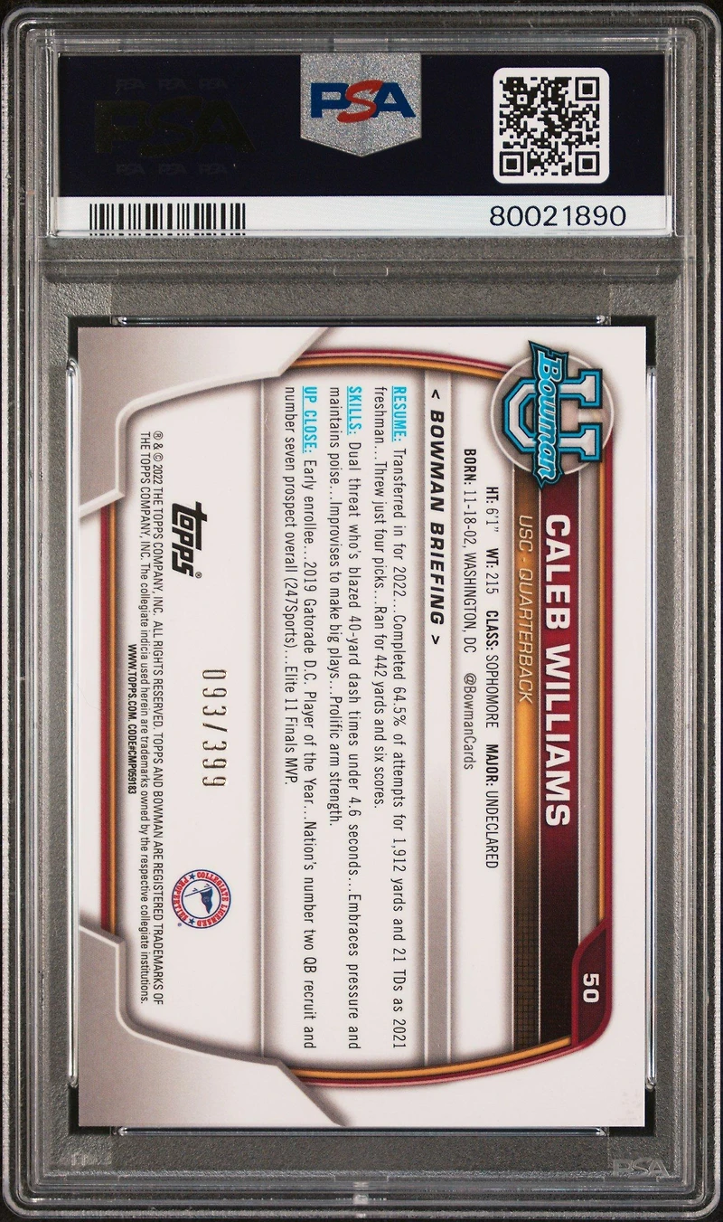 2022 Bowman University Chrome Prospects 50 Caleb Williams Purple Mini Diamond Refractor PSA 10
